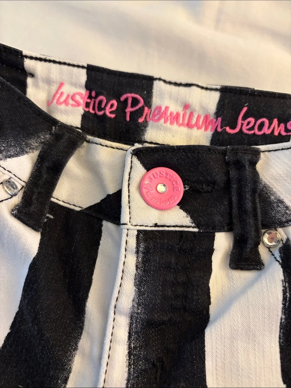 Justice Premium Black & White Striped Jeans with Pink Script Logo Size 12S